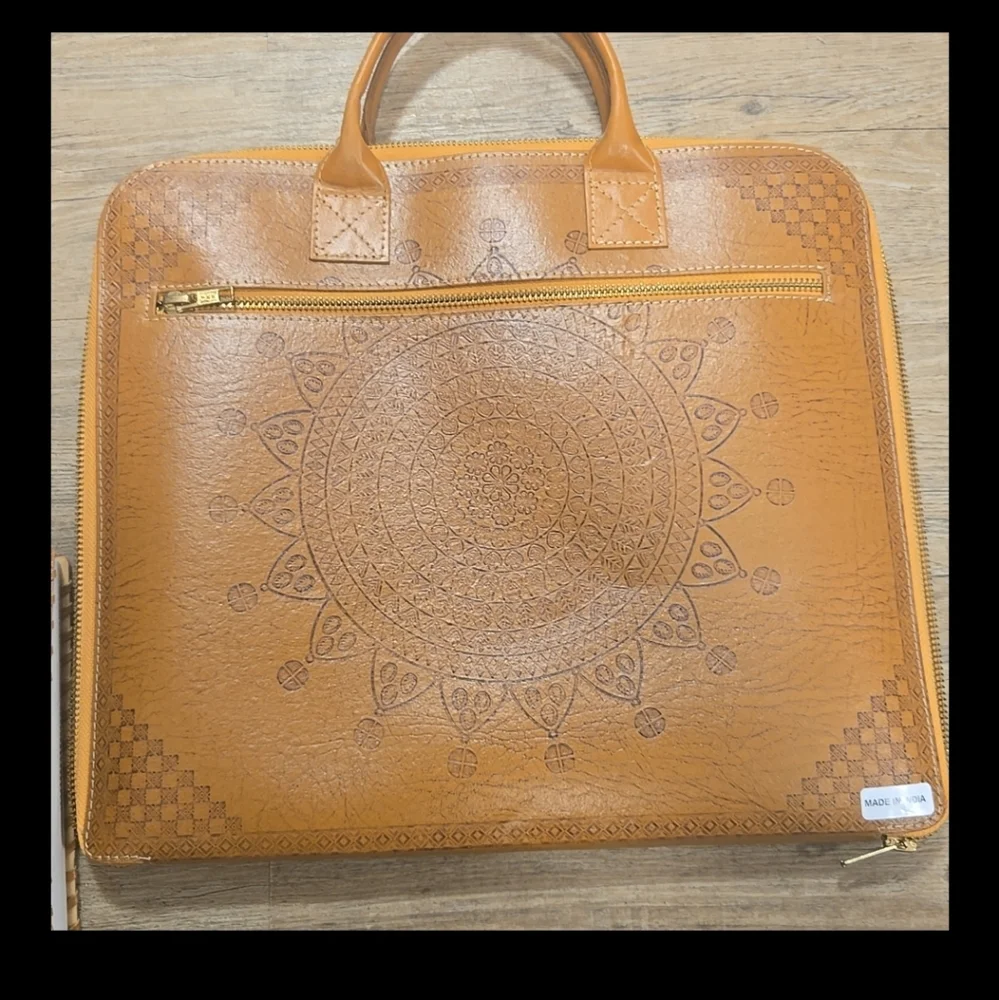Rare Laptop Bag Chakra Embossed Tan Leather and Notepad Agenda Set
